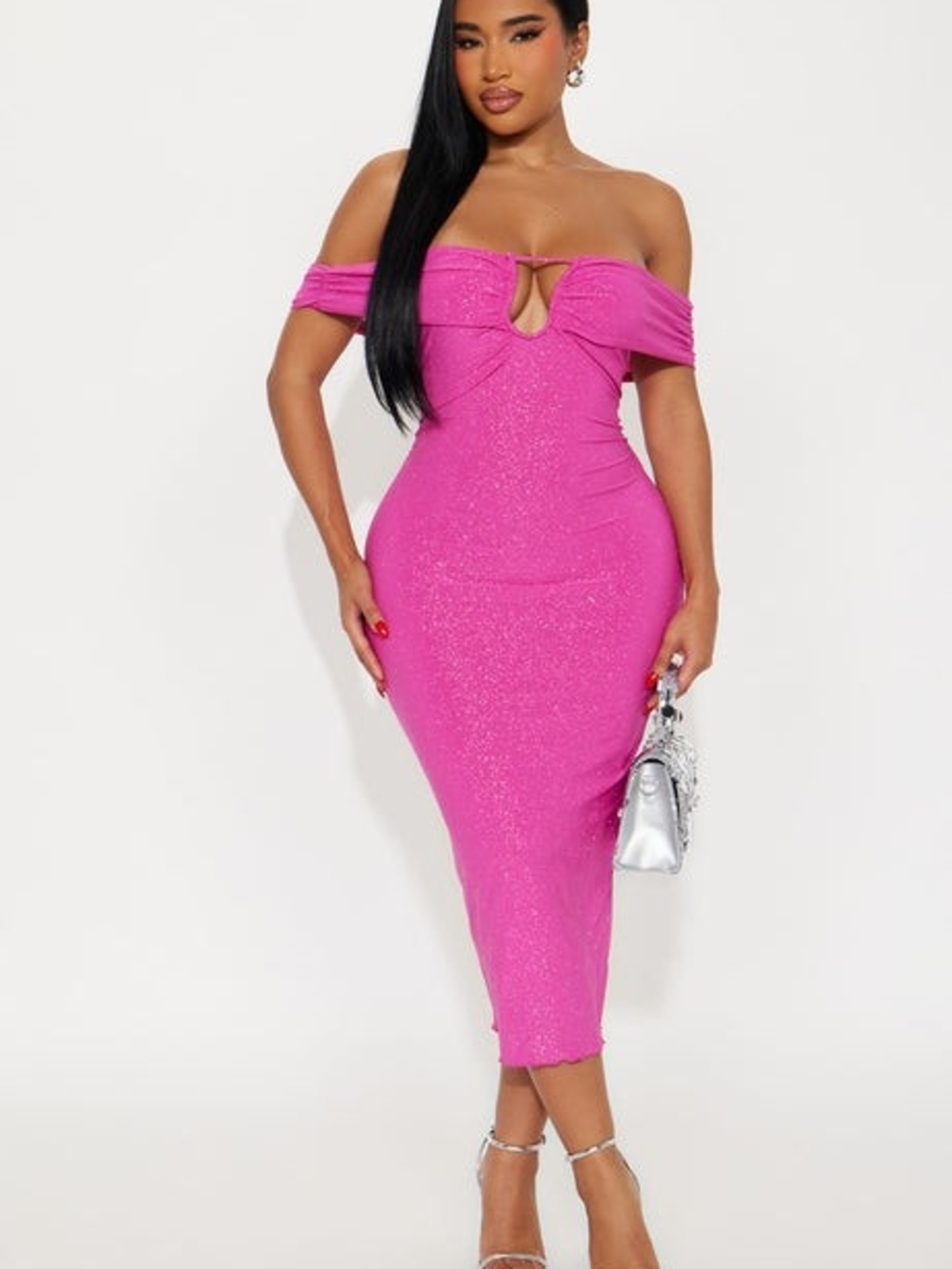 Off-Shoulder Hot Pink Sparkle Midi Dress